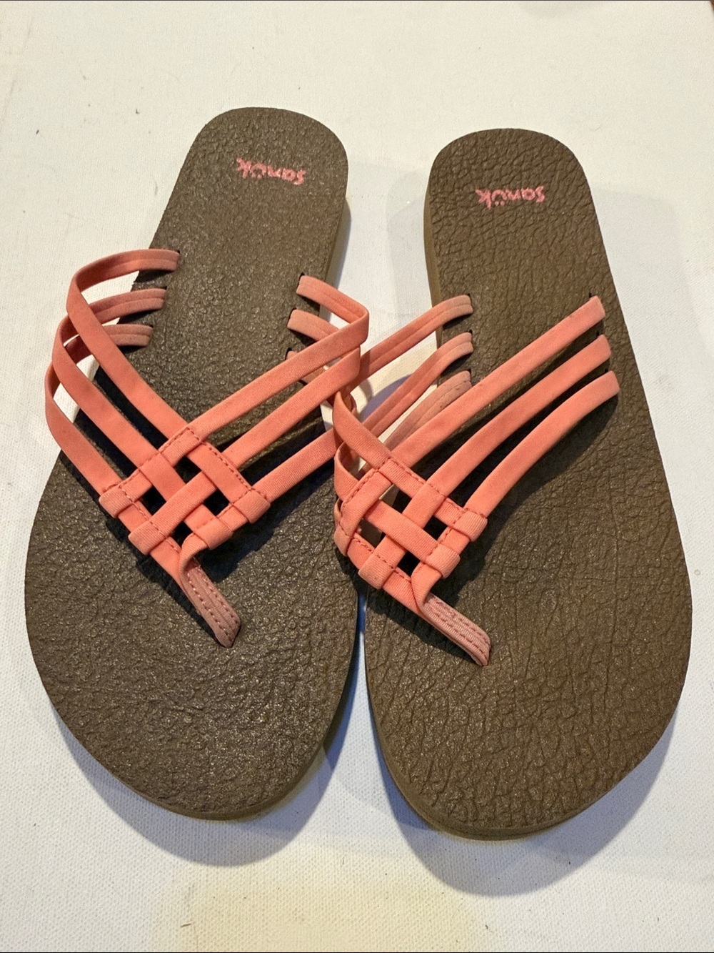 Sanuk Coral Pink Multi-Strap Women's Woven Toe-Post Sandals